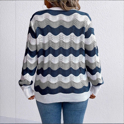 Women's V-Neck Sweater with Wavy Zigzag Design