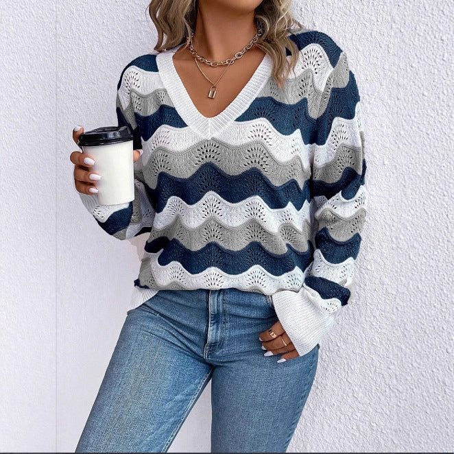 Women's V-Neck Sweater with Wavy Zigzag Design