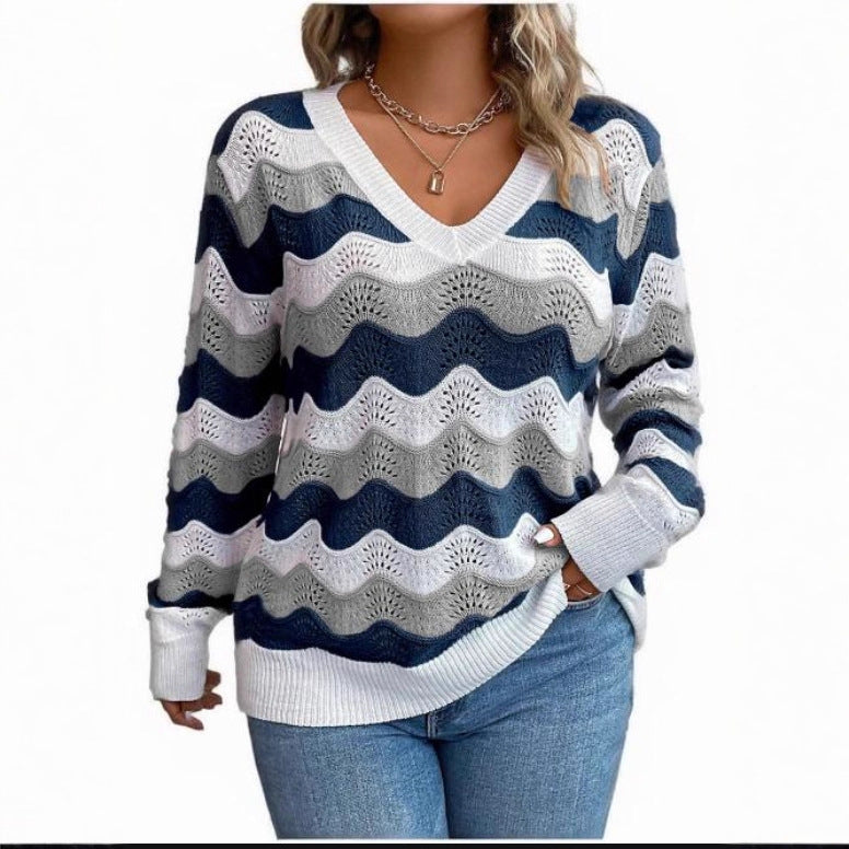 Women's V-Neck Sweater with Wavy Zigzag Design