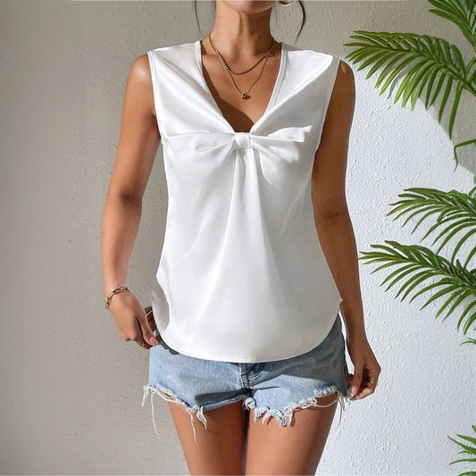 Women's V-Neck Top with Bow Detail and Pleats