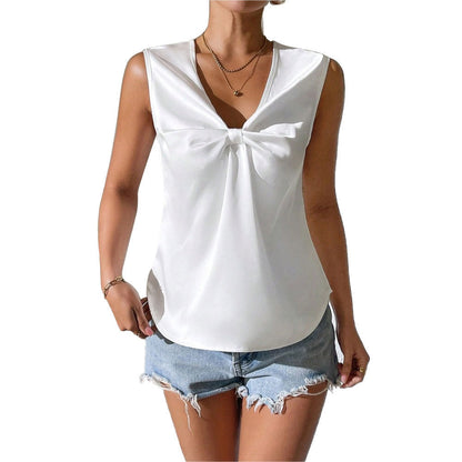 Women's V-Neck Top with Bow Detail and Pleats