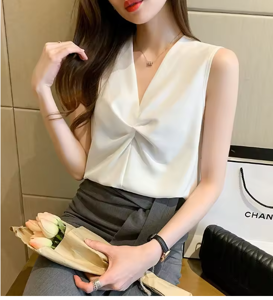Women's V-Neck Top with Bow Detail and Pleats