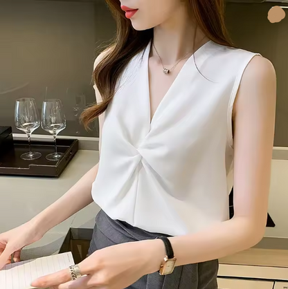 Women's V-Neck Top with Bow Detail and Pleats