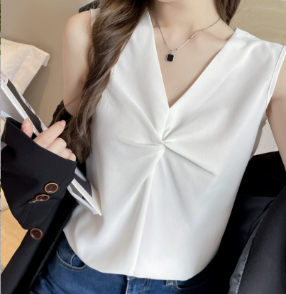 Women's V-Neck Top with Bow Detail and Pleats