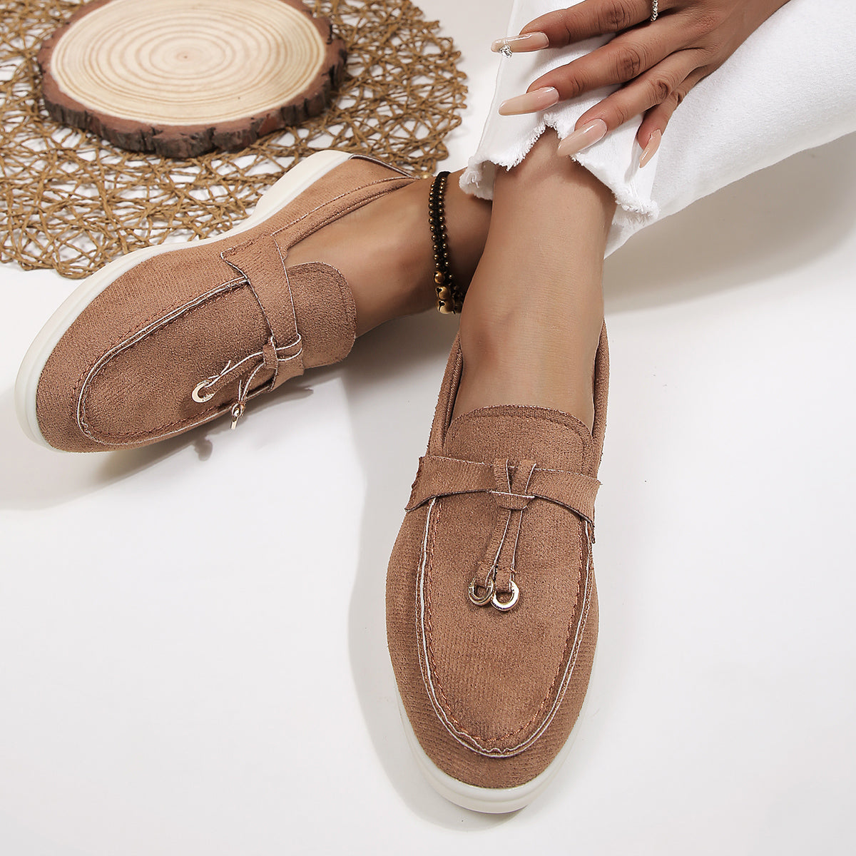 Women's Velvet Loafers with Cross-Tied Tassels