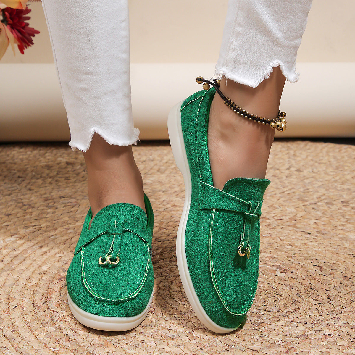 Women's Velvet Loafers with Cross-Tied Tassels