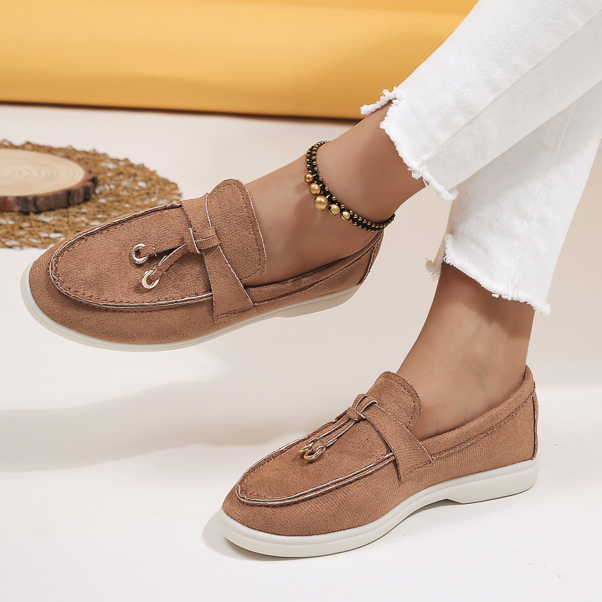 Women's Velvet Loafers with Cross-Tied Tassels