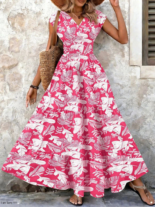 Women's Vintage Floral Midi Dress with V-Neck