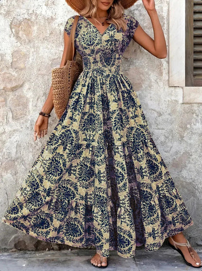 Women's Vintage Floral Midi Dress with V-Neck