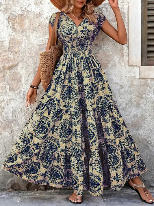 Women's Vintage Floral Midi Dress with V-Neck