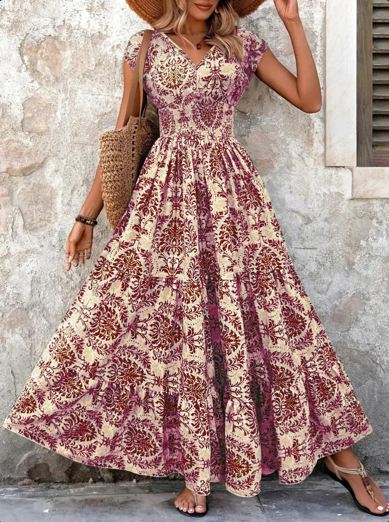 Women's Vintage Floral Midi Dress with V-Neck