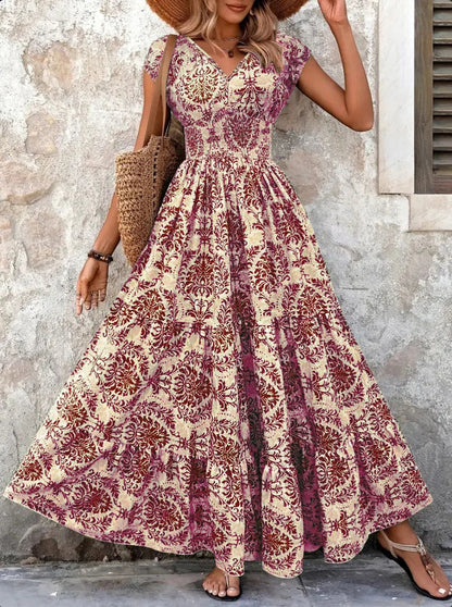Women's Vintage Floral Midi Dress with V-Neck