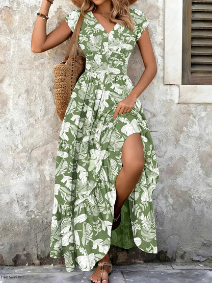 Women's Vintage Floral Midi Dress with V-Neck
