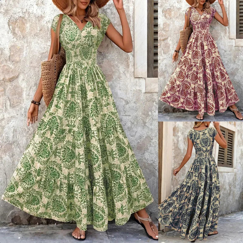 Women's Vintage Floral Midi Dress with V-Neck