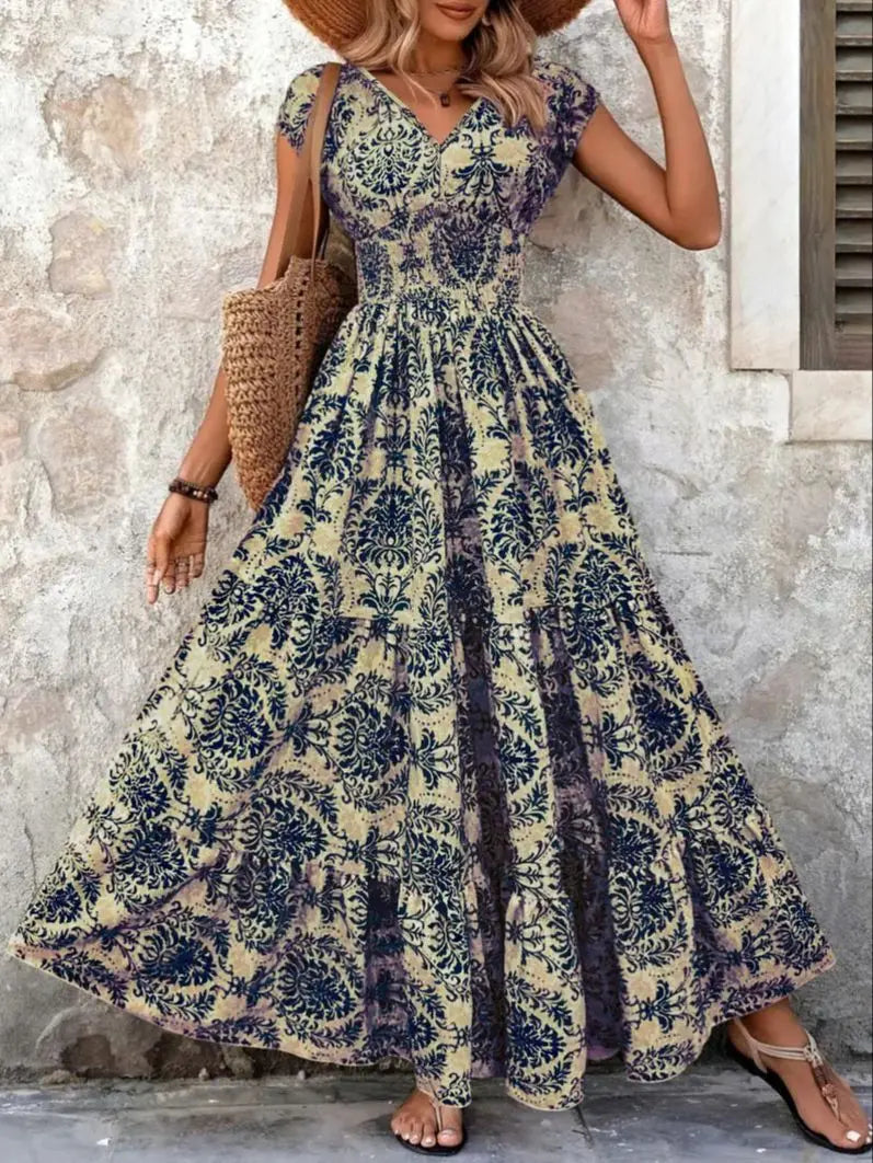 Women's Vintage Floral Midi Dress with V-Neck
