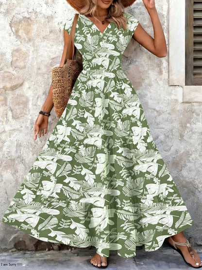 Women's Vintage Floral Midi Dress with V-Neck