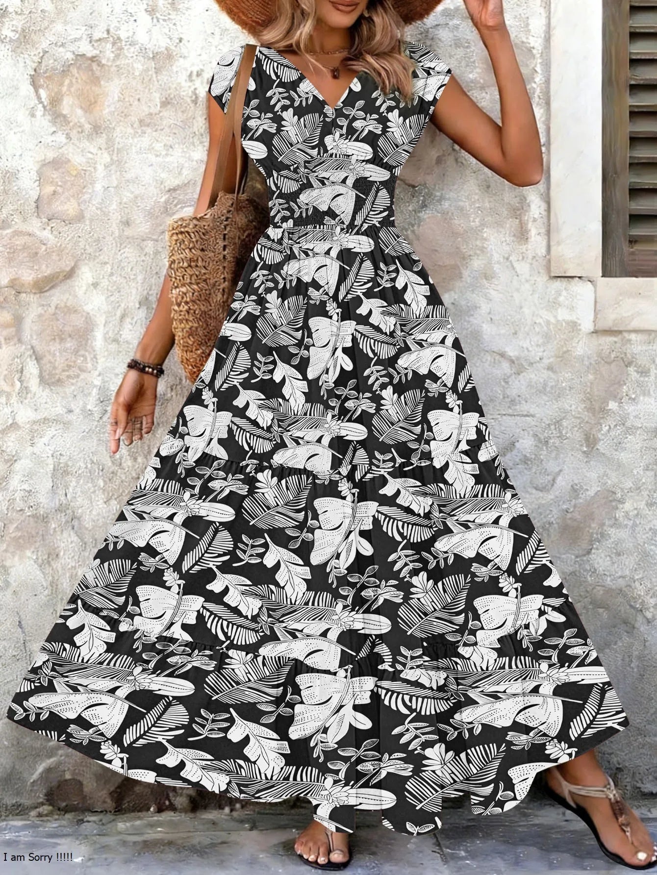 Women's Vintage Floral Midi Dress with V-Neck