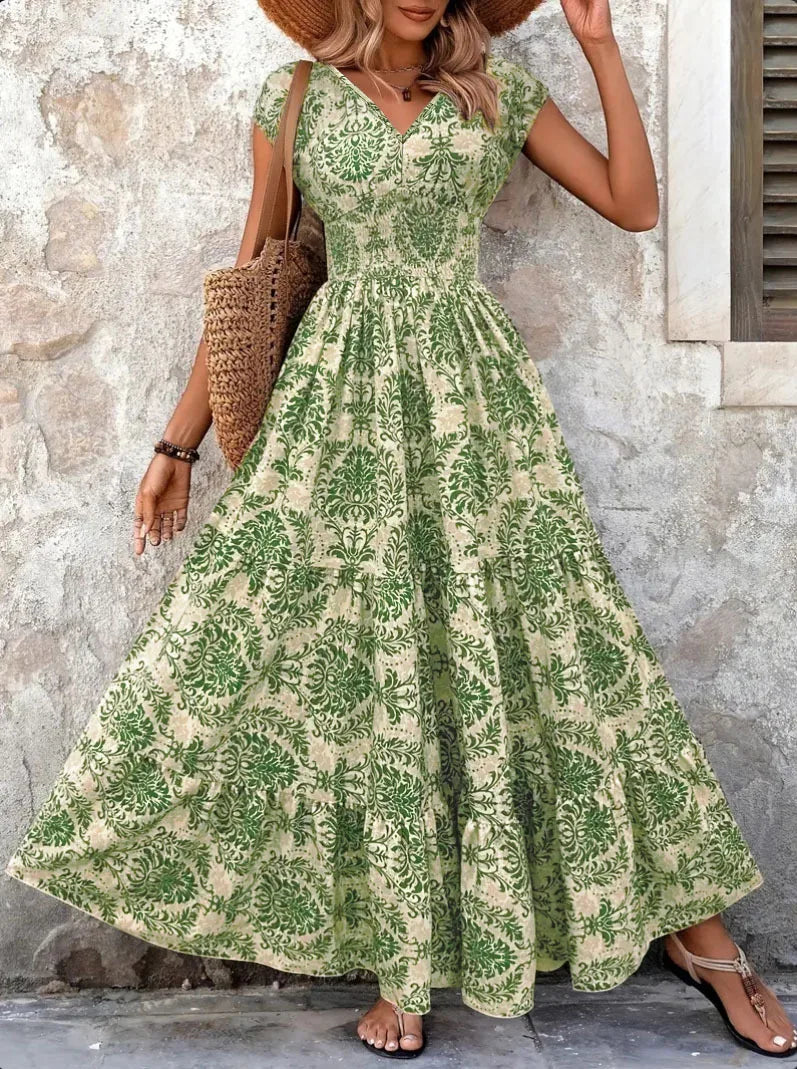 Women's Vintage Floral Midi Dress with V-Neck