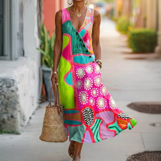 Women's Vintage V-Neck Dress with Pockets for Summer
