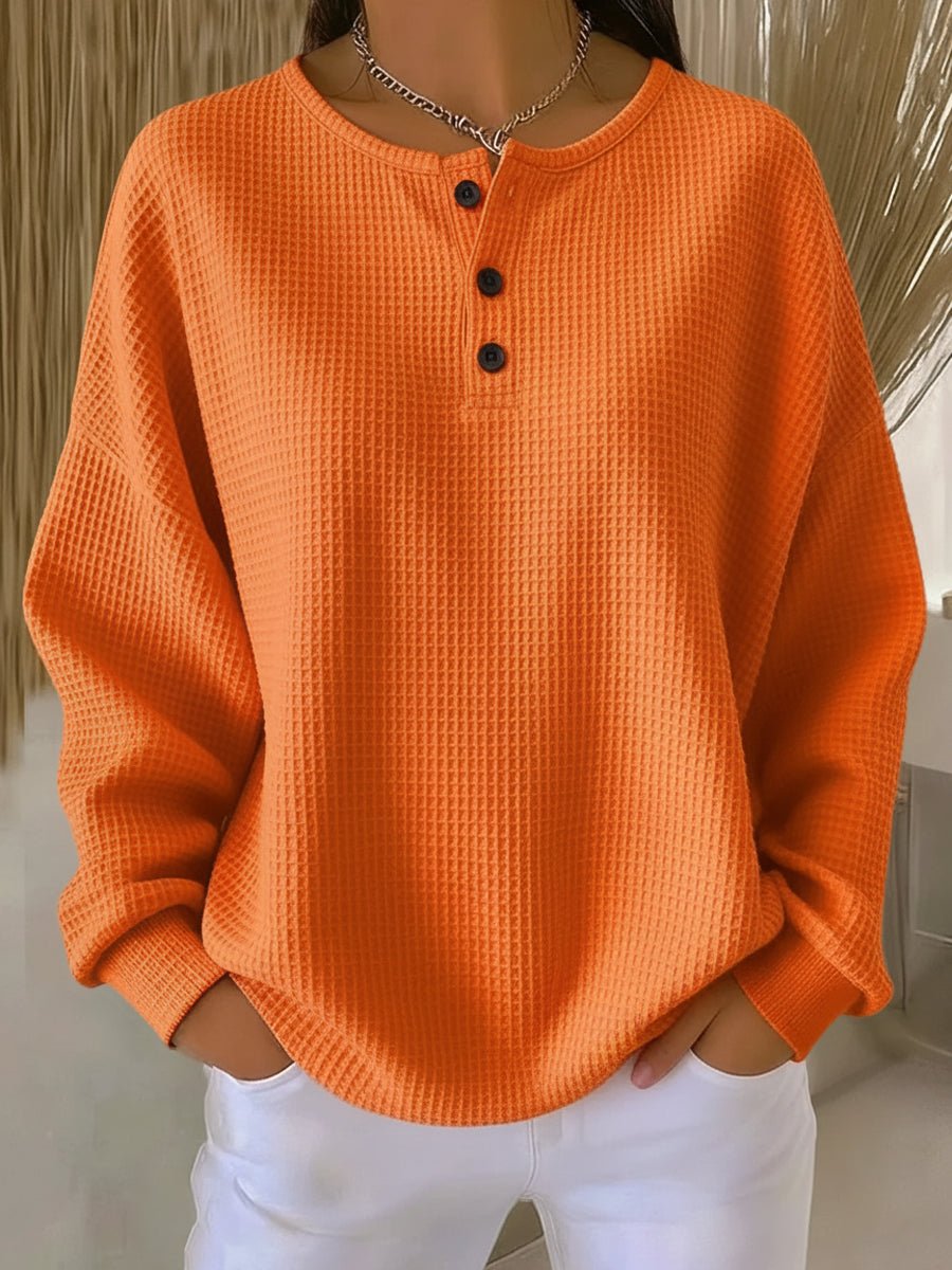 Women's Waffle Knit Sweatshirt with Henley Neckline