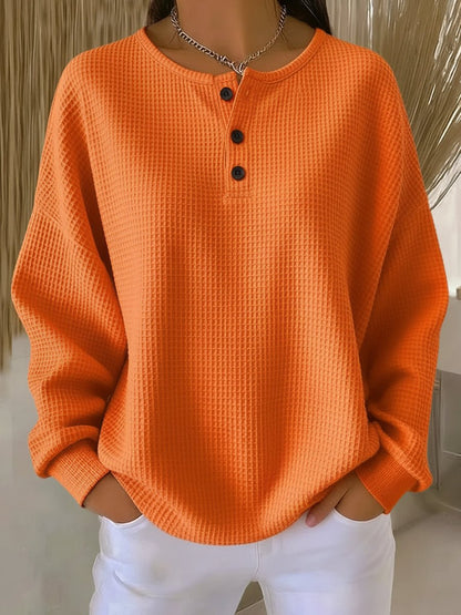 Women's Waffle Knit Sweatshirt with Henley Neckline