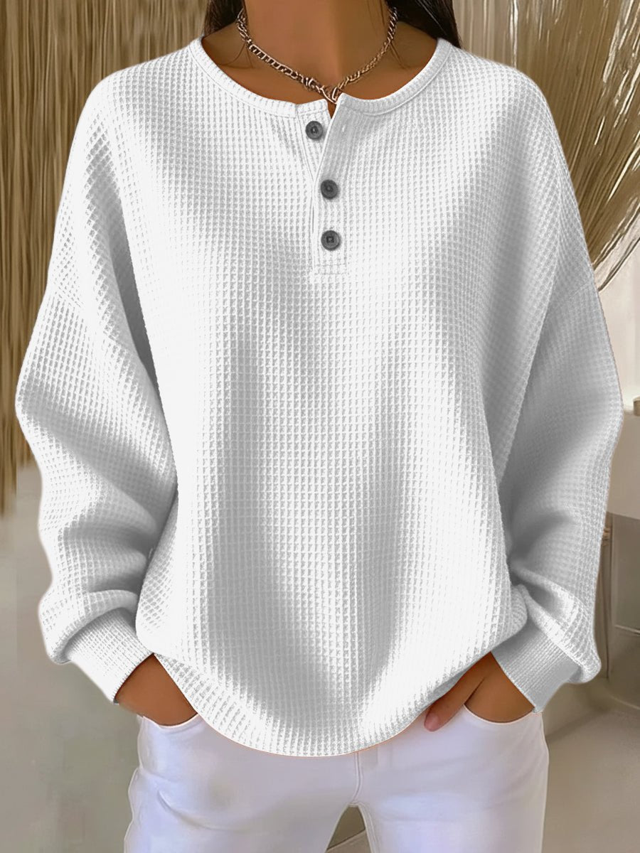 Women's Waffle Knit Sweatshirt with Henley Neckline