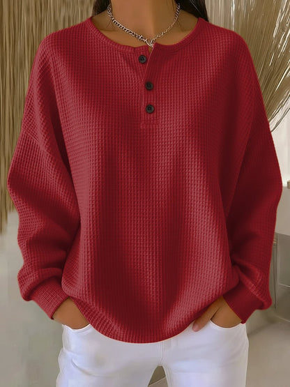 Women's Waffle Knit Sweatshirt with Henley Neckline