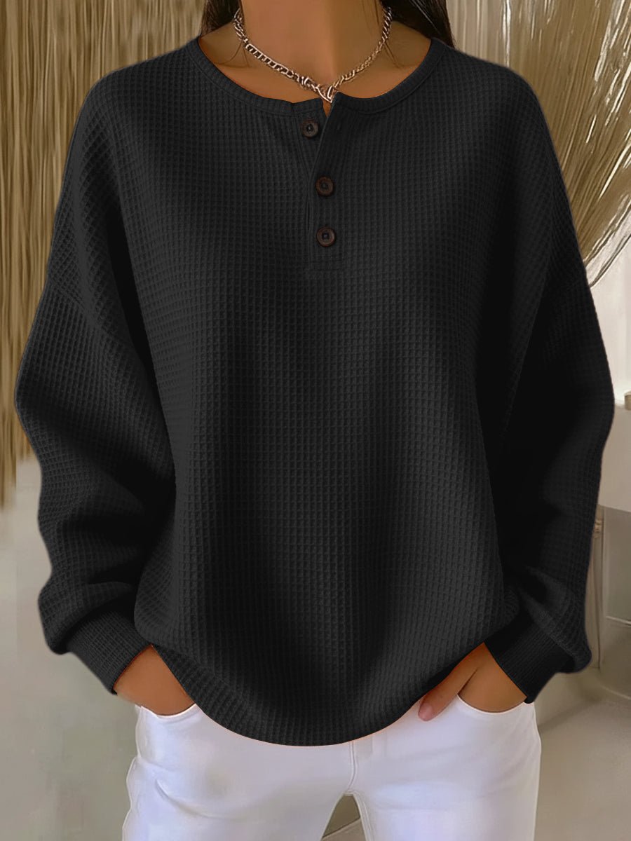 Women's Waffle Knit Sweatshirt with Henley Neckline