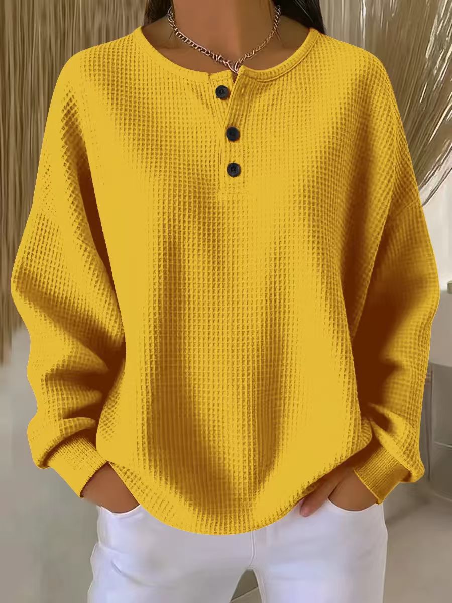 Women's Waffle Knit Sweatshirt with Henley Neckline