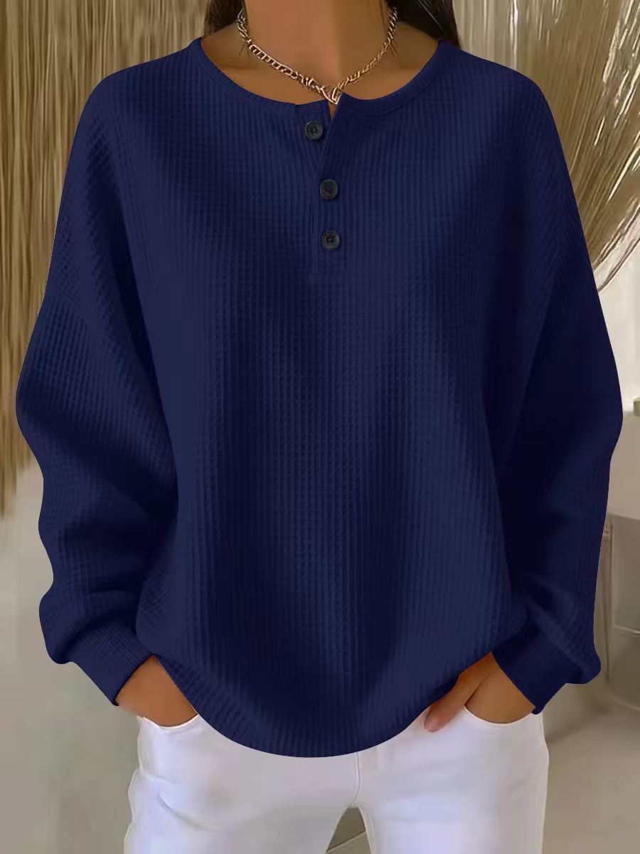 Women's Waffle Knit Sweatshirt with Henley Neckline