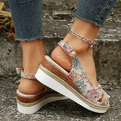 Women's Wedge Sandals with Buckle Strap and Open Toe