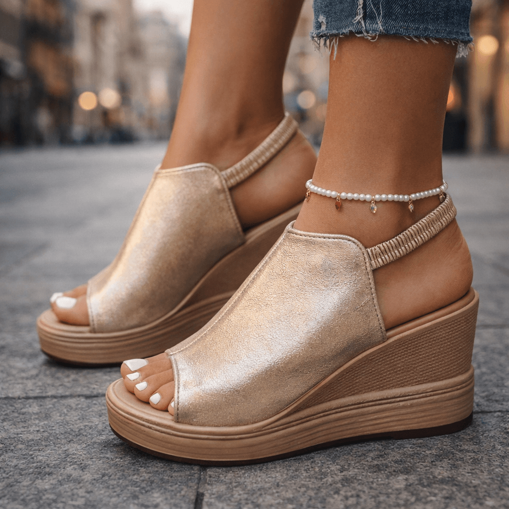 Women's Wedge Sandals with Metallic Finish