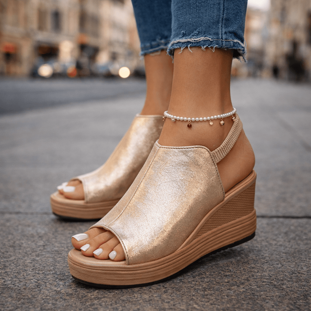 Women's Wedge Sandals with Metallic Finish