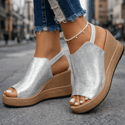 Women's Wedge Sandals with Metallic Finish
