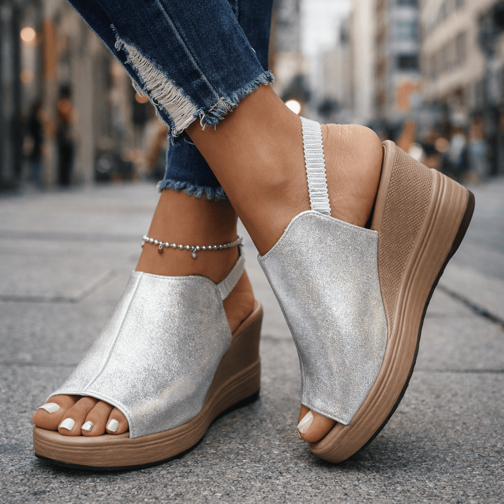 Women's Wedge Sandals with Metallic Finish