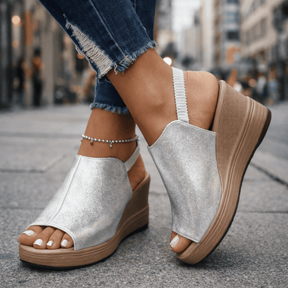Women's Wedge Sandals with Metallic Finish