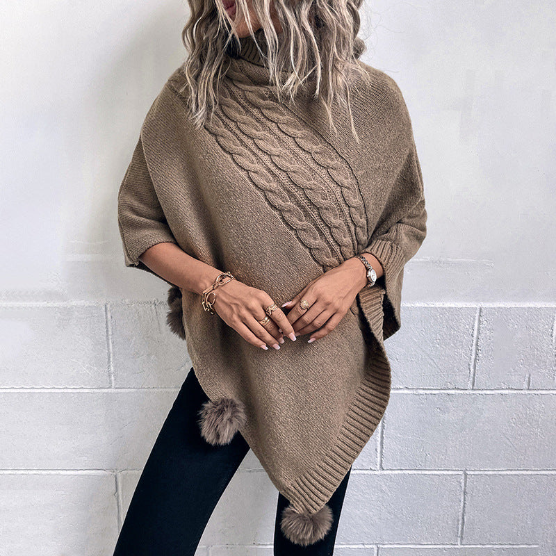 Women's Wool Blend Poncho with High Collar and Modern Braid Design