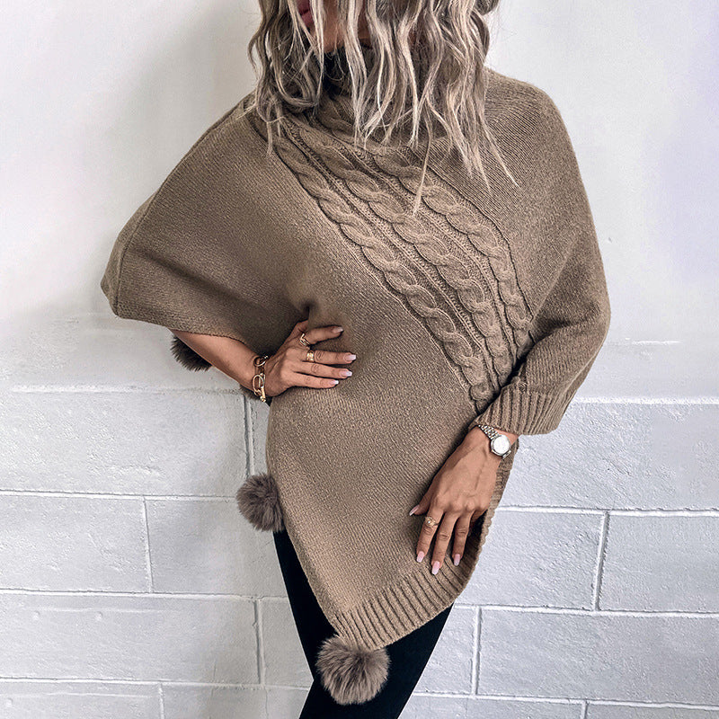 Women's Wool Blend Poncho with High Collar and Modern Braid Design