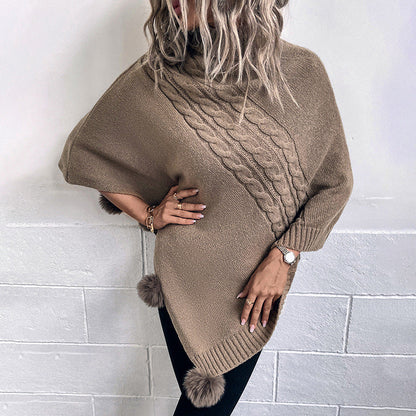 Women's Wool Blend Poncho with High Collar and Modern Braid Design