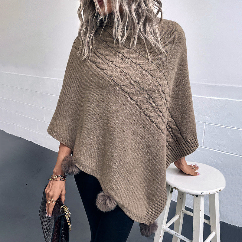 Women's Wool Blend Poncho with High Collar and Modern Braid Design