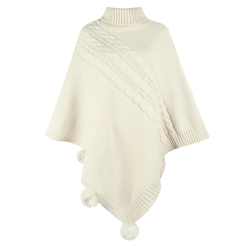 Women's Wool Blend Poncho with High Collar and Modern Braid Design