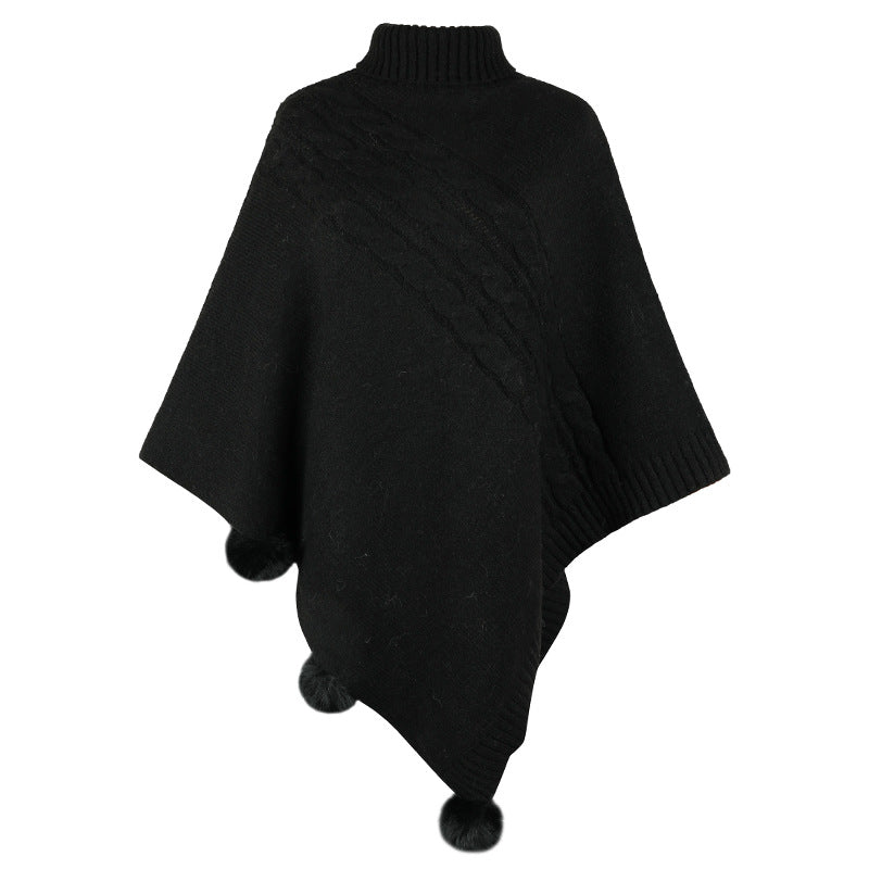Women's Wool Blend Poncho with High Collar and Modern Braid Design