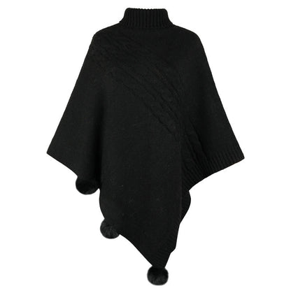 Women's Wool Blend Poncho with High Collar and Modern Braid Design