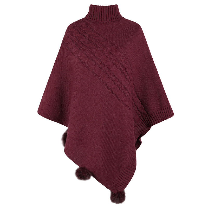 Women's Wool Blend Poncho with High Collar and Modern Braid Design