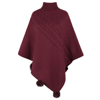 Women's Wool Blend Poncho with High Collar and Modern Braid Design