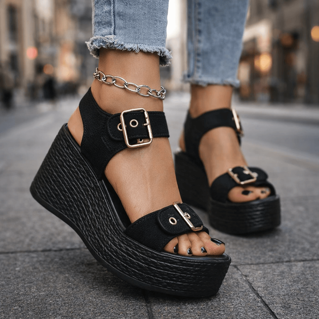 Women's Woven Wedge Sandals with Adjustable Buckle Straps