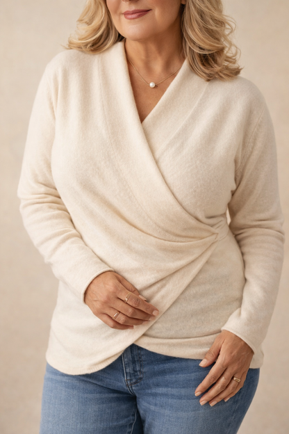 Women's Wrap Knit Sweater with Cross-Over Neckline