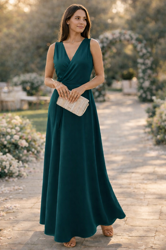 Women's Wrap Maxi Dress with V-Neck and Flowy Skirt