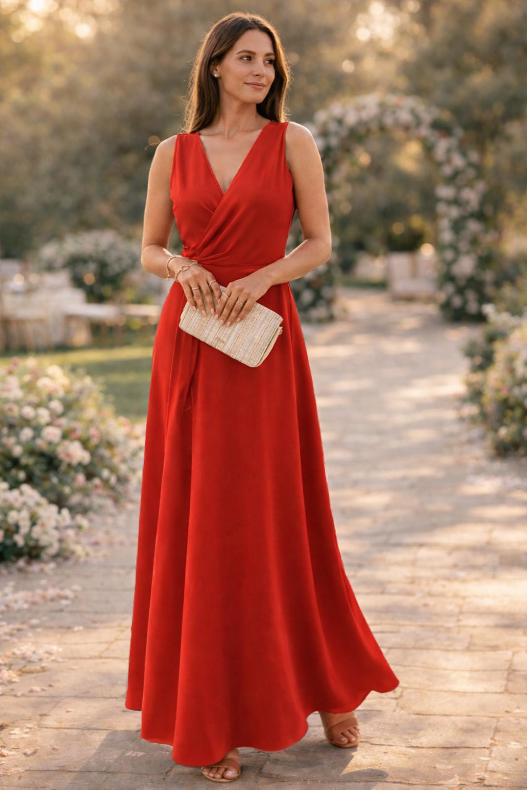 Women's Wrap Maxi Dress with V-Neck and Flowy Skirt