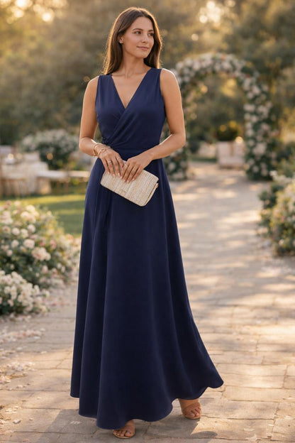Women's Wrap Maxi Dress with V-Neck and Flowy Skirt